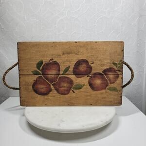 VTG Wood Apple‎ Box 16" Hand Painted Rope Handle Signed 1997 County Fair 4H